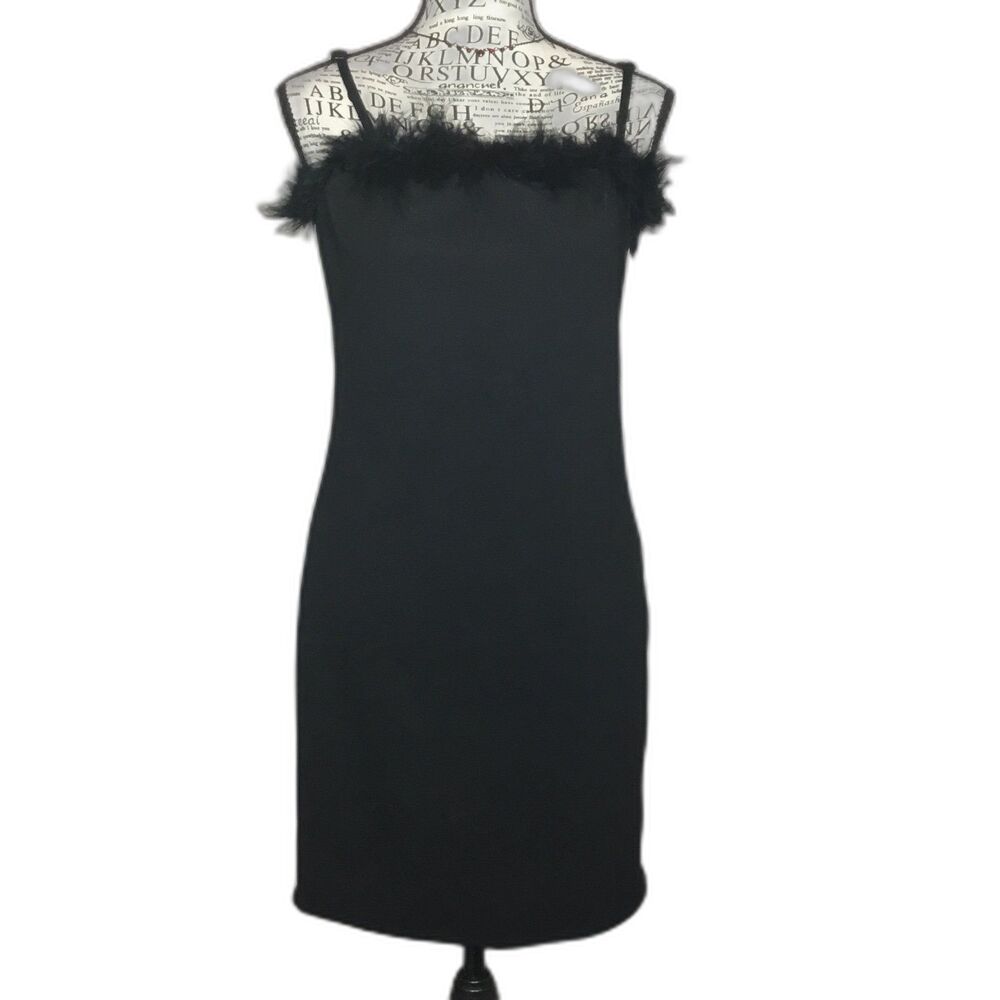 Little black dress feather top stretchy adjustable spaghetti straps midi S